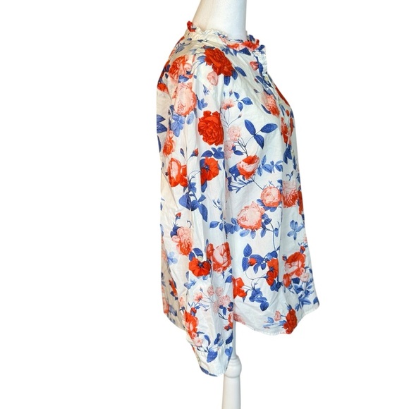 Talbots Floral Ruffle Neck 100% Cotton Popover Poplin Blouse Large Cottagecore - Picture 4 of 11